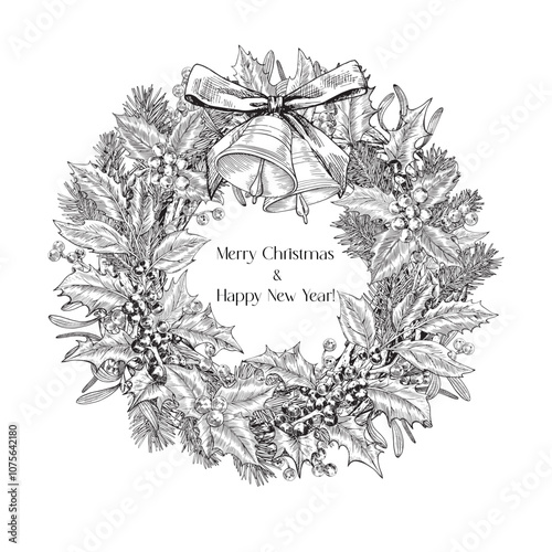 Christmas wreath, composition with fir branches holly bells bow mistletoe berries. Black white. Vector vintage botanical illustration. Hand drawn Background for design greeting card, holiday decor