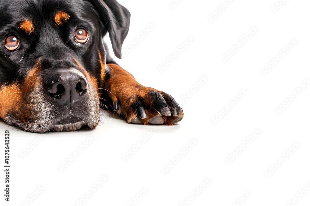 Fototapeta premium Portrait of a rottweiler dog lying on a white background