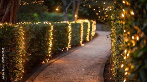 A winding path lined with tall hedges and strung with le lights creating a whimsical atmosphere in the evening.
