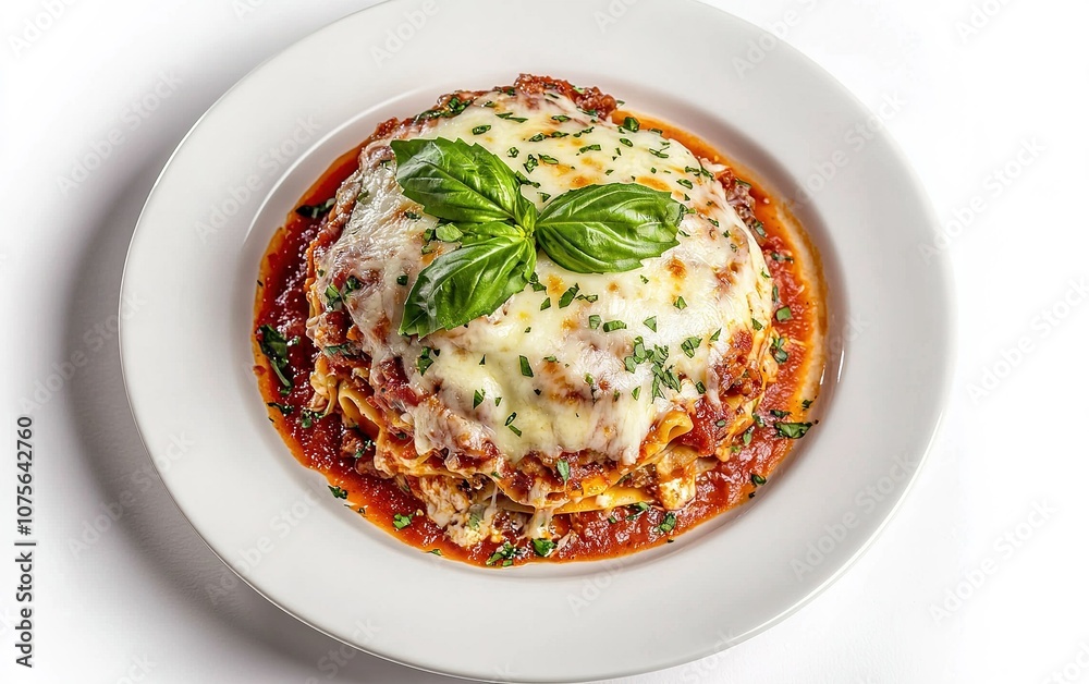 Delicious homemade lasagna topped with cheese and basil served on a white plate, garnished with parsley in a cozy setting