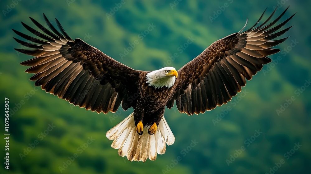 Fototapeta premium A majestic bald eagle soars gracefully over a lush green landscape, wings fully extended, gliding effortlessly in search of its next meal during golden hour