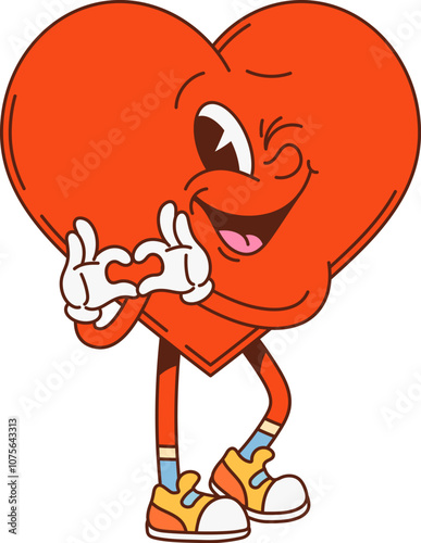 Groovy math heart geometric figure character. Saint Valentine holiday comical isolated mascot, winking human heart cute cartoon vector personage, love and romance symbol isolated groovy character