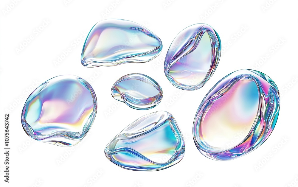Various translucent gel droplets with a shimmering iridescent effect on a white background showcasing fluid forms and colors Various translucent gel droplets with a shimmering iridescent effect on a white background showcasing fluid forms and colors