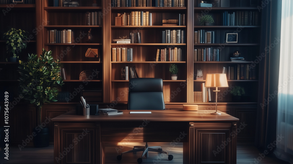 Elegant home office with built-in bookshelves Elegant home office with built-in bookshelves
