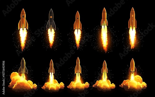 Multiple rocket launches with colorful fire trails against a black background showcasing various designs and stages of liftoff photo