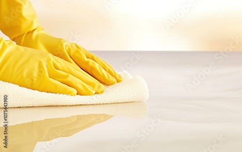 Person wearing yellow gloves cleaning a countertop with a cloth in a bright, well-lit kitchen setting during the day photo