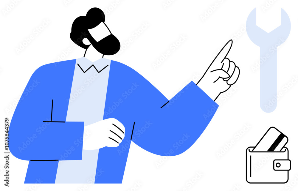 Man pointing upwards towards a spanner and wallet with credit cards. Ideal for financial management, online banking, repair costs, budgeting, financial planning, online shopping themes. Line metaphor Man pointing upwards towards a spanner and wallet with credit cards. Ideal for financial management, online banking, repair costs, budgeting, financial planning, online shopping themes. Line metaphor