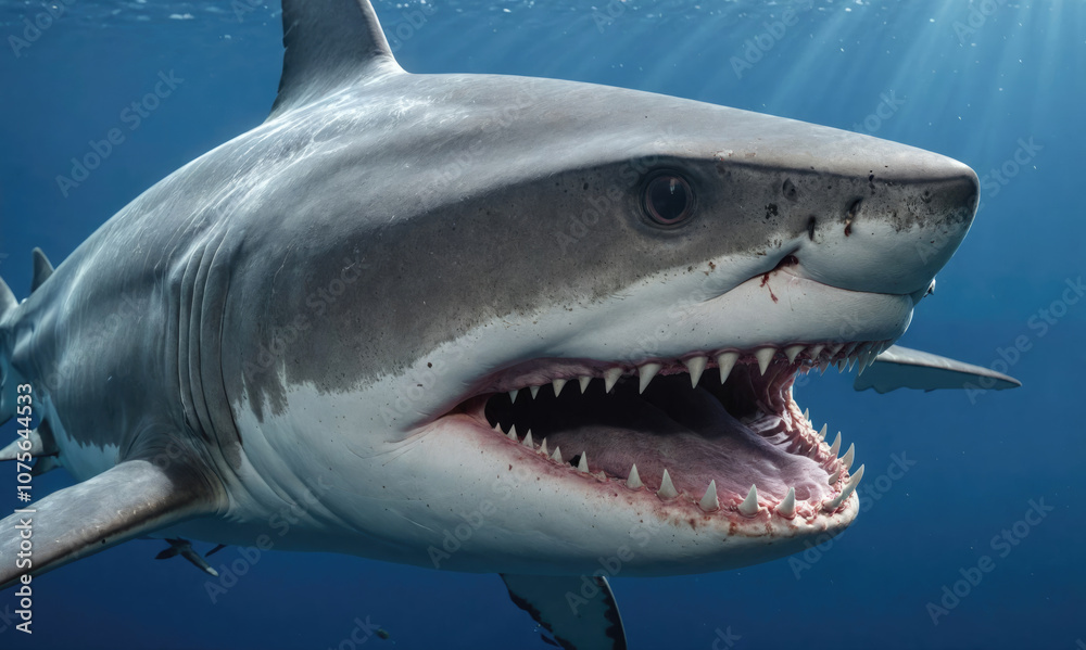 Naklejka premium A great white shark swims through the ocean with its mouth open, revealing rows of sharp teeth