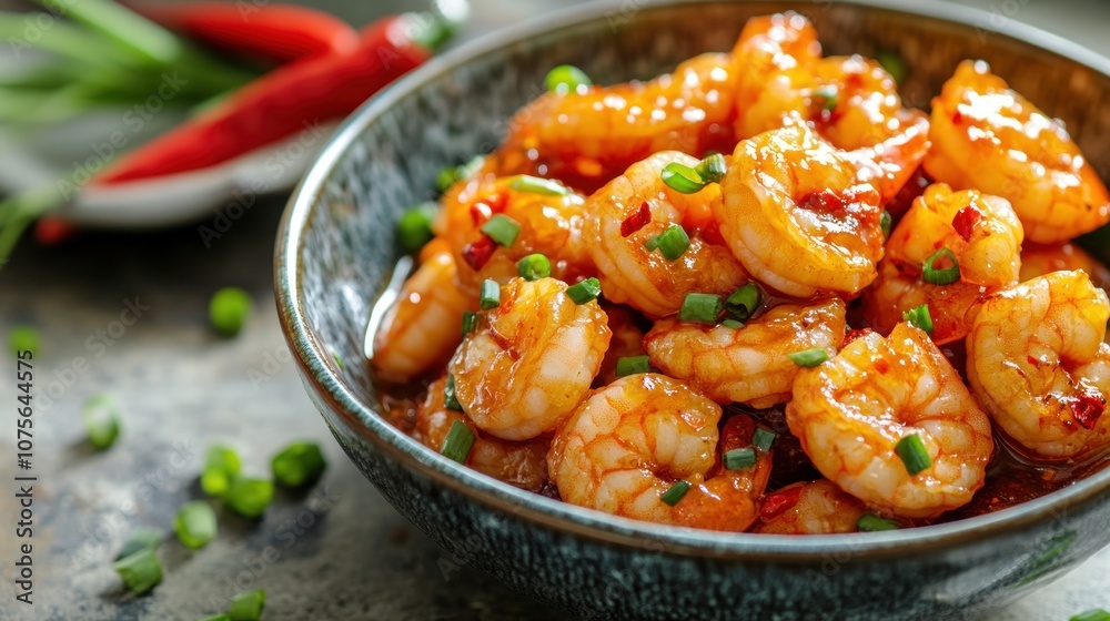 A bowl of shrimp with a side of green onions. The shrimp is covered in a sauce and is served in a blue bowl A bowl of shrimp with a side of green onions. The shrimp is covered in a sauce and is served in a blue bowl