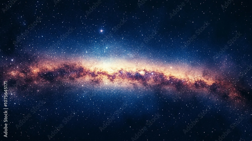 A cosmic view of the Milky Way galaxy, a band of stars and gas, against a deep blue backdrop of space. A cosmic view of the Milky Way galaxy, a band of stars and gas, against a deep blue backdrop of space.