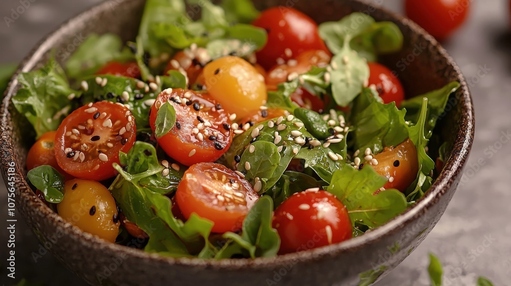 Fresh arugula and mixed cherry tomato salad topped with sesame seeds in a bowl Fresh arugula and mixed cherry tomato salad topped with sesame seeds in a bowl