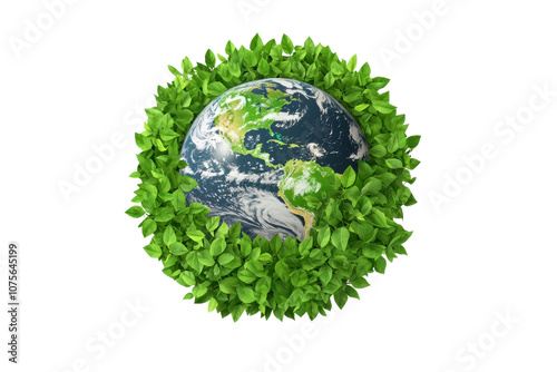 A vibrant globe surrounded by lush green leaves symbolizing environmental sustainability and the planet's health.