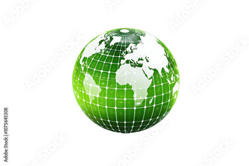 A green globe featuring grid lines, highlighting continents and oceans in a stylized representation of the Earth.