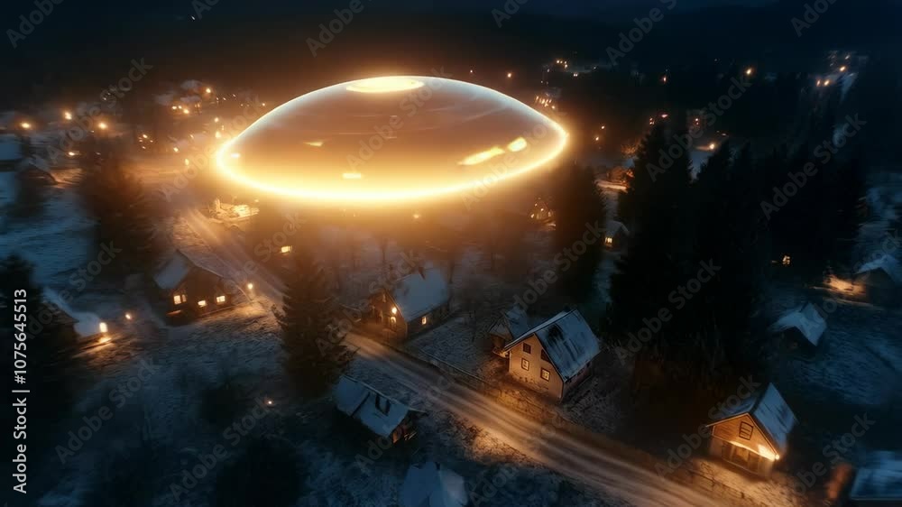 Glowing UFO hovering over snowy winter village at night. Mysterious sci-fi scene. Aerial drone footage. Small town concept