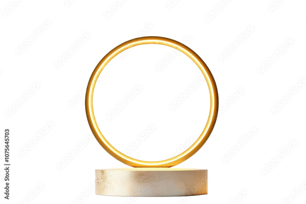 A glowing circular light fixture mounted on a sleek base, showcasing modern design and elegance. A glowing circular light fixture mounted on a sleek base, showcasing modern design and elegance.