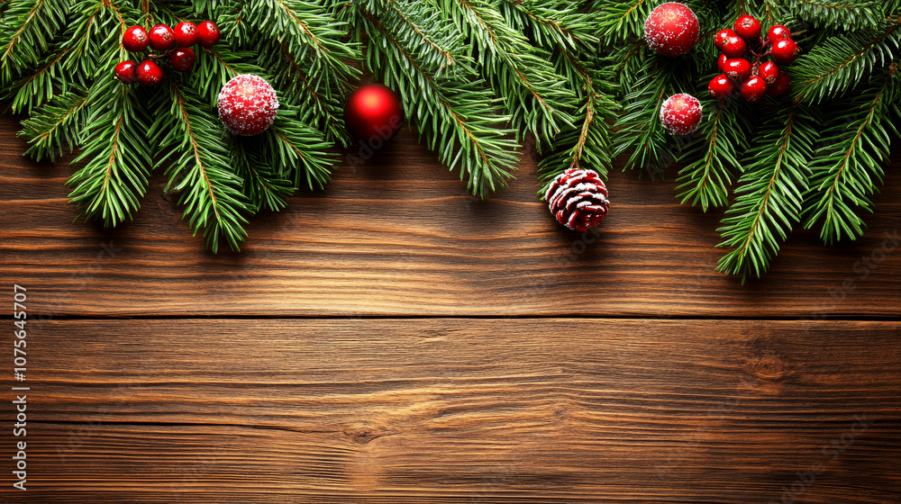 Evergreen branches with red ornaments are arranged on a wooden surface. Concept of festive holiday decoration. Evergreen branches with red ornaments are arranged on a wooden surface. Concept of festive holiday decoration.