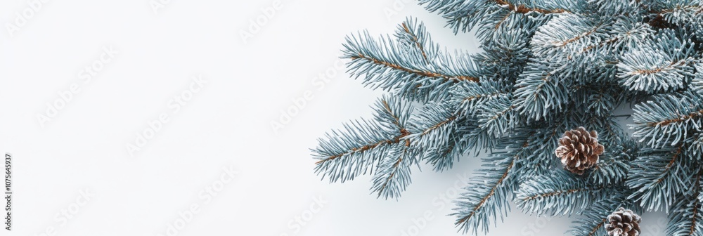 Obraz premium A beautifully lush green fir branch, blanketed in soft and fluffy fresh snow, adds a delightful charm to festive decorations and effectively spreads holiday cheer during the winter season