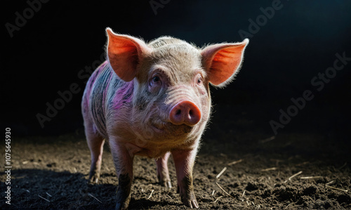 A pink pig stands in a dirt pen, looking directly at the camera