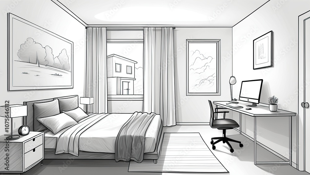 Monochrome sketch of small room with smart zoning for work and rest. Monochrome sketch of small room with smart zoning for work and rest.