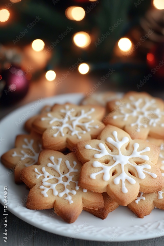Holiday cookies with snowflake icing, festive background Holiday cookies with snowflake icing, festive background