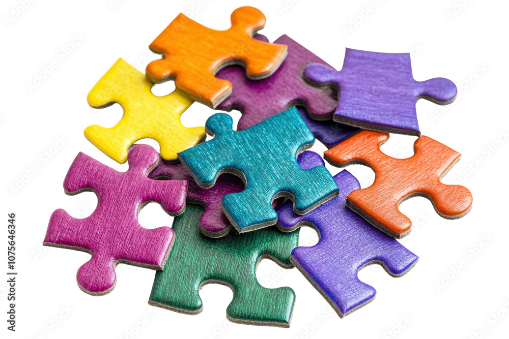 Colorful puzzle pieces arranged in an overlapping manner, showcasing a variety of vibrant hues and unique shapes.