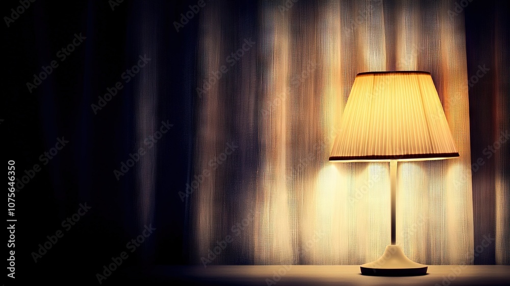A lamp on a table with a shade beside it on a curtained wall A lamp on a table with a shade beside it on a curtained wall