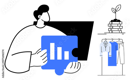Business professional holding bar graph puzzle piece, plant growing on stacked books, hanging clothes. Ideal for business growth, data analysis, sustainability, education, fashion, planning