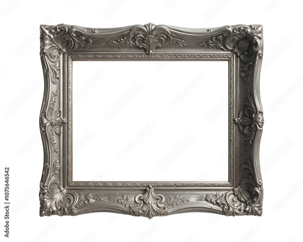 Silver frame in baroque style isolated on transparent background, template