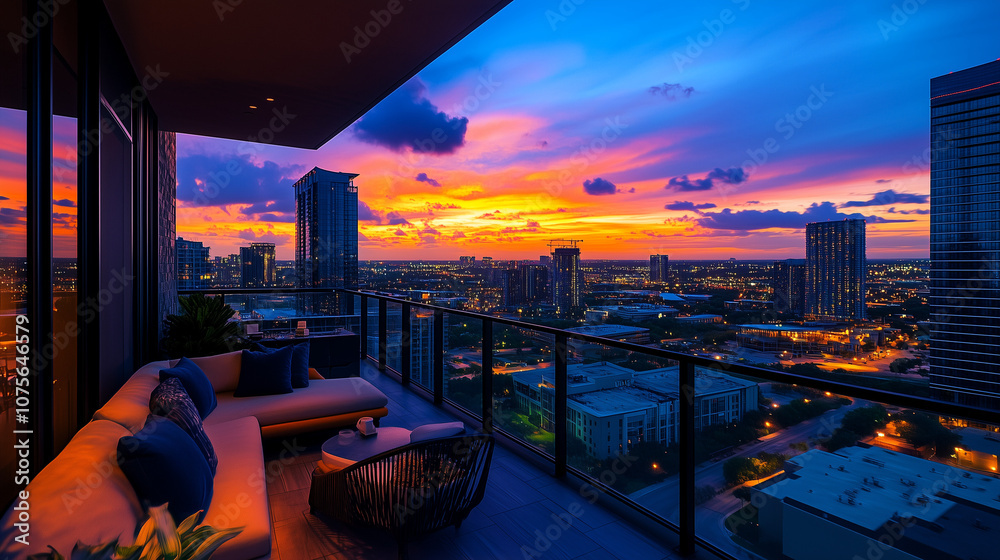 Fototapeta premium Stunning sunset cityscape from a high-rise balcony