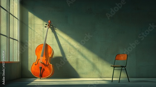   A cello resting against a wall with a chair in front and a window nearby on the opposite side photo