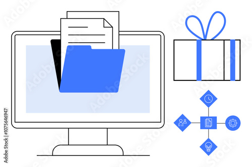 Computer monitor displaying files, a blue file folder, icons representing networking, and a wrapped gift box. Ideal for digital organization, business networking, data management, corporate gifts