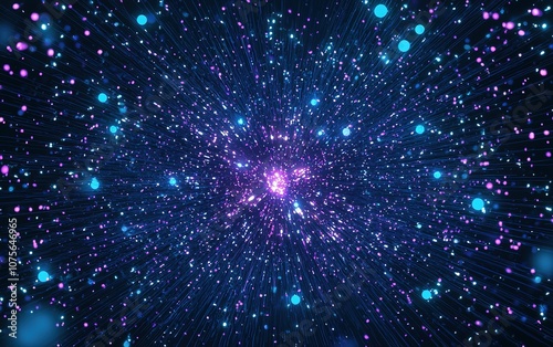 Colorful explosion of light particles in a cosmic background showcasing vibrant blues, purples, and shimmering effects in deep space