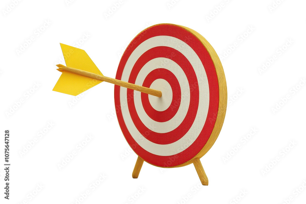 A dartboard with a yellow arrow embedded in the center, featuring alternating red and white concentric circles. A dartboard with a yellow arrow embedded in the center, featuring alternating red and white concentric circles.
