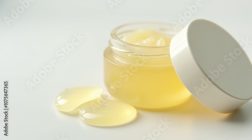 A close-up shot of an open jar of petroleum jelly, glossy and semi-transparent texture, smooth surface reflecting soft light, simple and clean packaging, neutral background, slightly scooped product photo