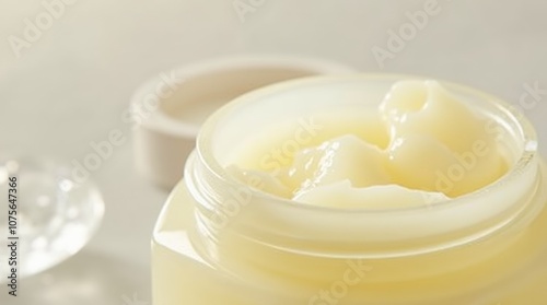 A close-up shot of an open jar of petroleum jelly, glossy and semi-transparent texture, smooth surface reflecting soft light, simple and clean packaging, neutral background, slightly scooped product photo