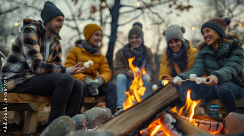 A group of friends huddled around a fire pit roasting marshmallows and chatting after a fun skating session. A group of friends huddled around a fire pit roasting marshmallows and chatting after a fun skating session.