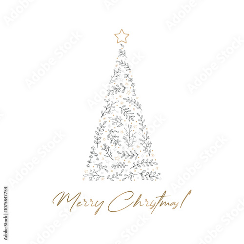 New Year's card for Christmas with a Christmas tree. Illustration in a hand-drawn style.
