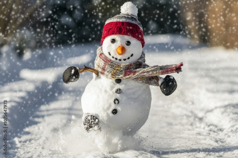 A joyful snowman, in a bright scarf and playful hat, runs through a picturesque snowy landscape, embodying winter fun and the festive cheer of the holiday season, spreading happiness A joyful snowman, in a bright scarf and playful hat, runs through a picturesque snowy landscape, embodying winter fun and the festive cheer of the holiday season, spreading happiness