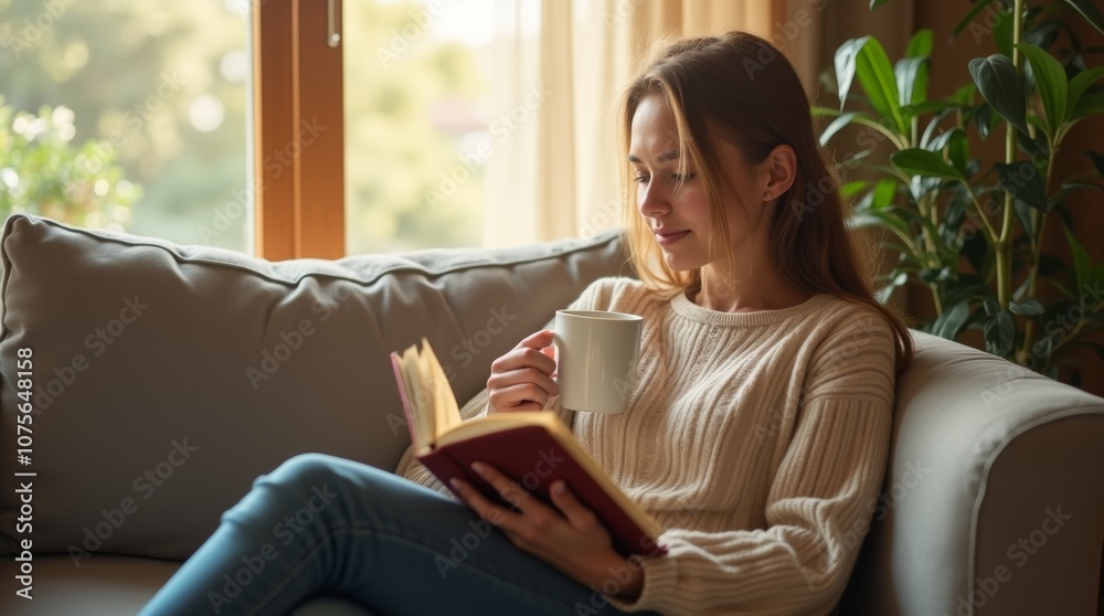 Fototapeta premium A cozy scene of a student taking a study break, lounging on a comfortable sofa with a cup of tea and a book in hand.
