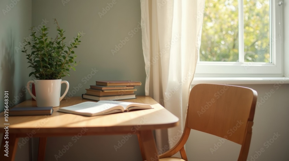 Fototapeta premium A serene study space featuring a wooden desk with a comfortable chair, a stack of books, and a small potted plant.