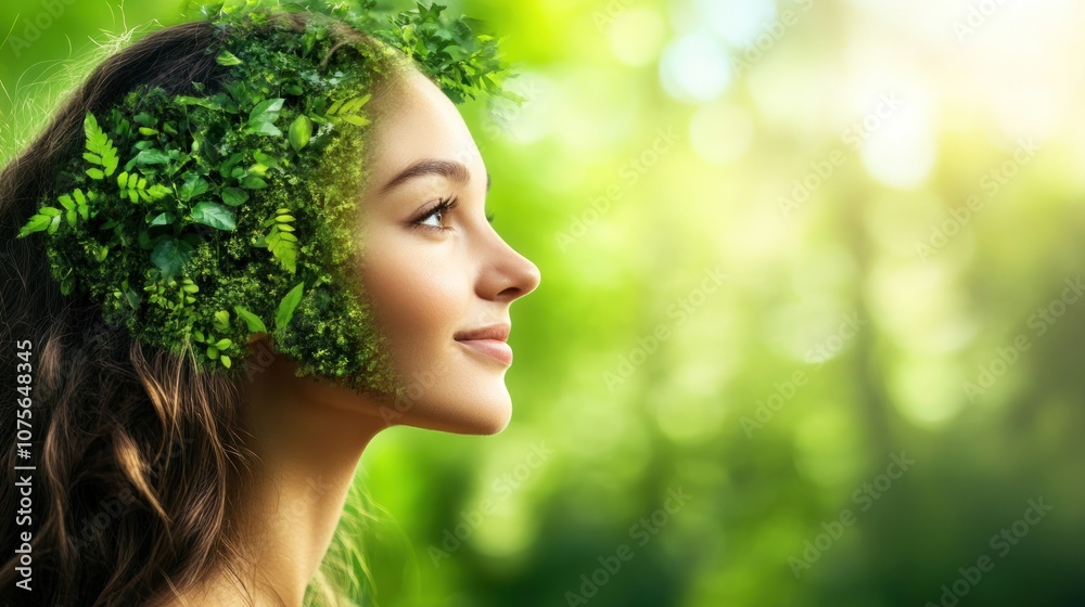 A woman with a green leaf crown on her head, smiling and looking to the right against a blurred green background. A woman with a green leaf crown on her head, smiling and looking to the right against a blurred green background.