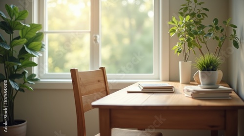 A serene study space featuring a wooden desk with a comfortable chair, a stack of books, and a small potted plant.