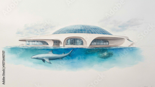 Futuristic underwater dome with shark in tranquil blue ocean scene