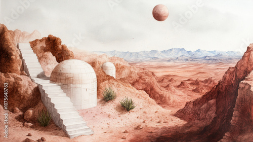 Martian landscape with futuristic domes and staircase under two moons photo