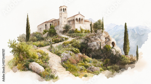 Tranquil hilltop monastery in serene landscape with mountain views