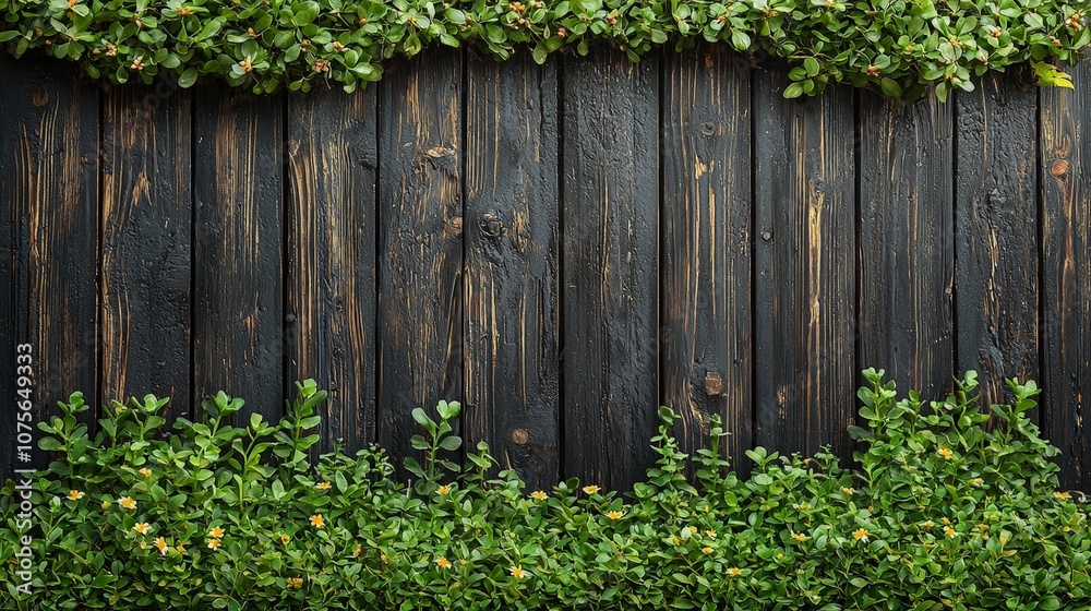A wooden fence topped with lush greenery, creating a natural and serene backdrop. A wooden fence topped with lush greenery, creating a natural and serene backdrop.