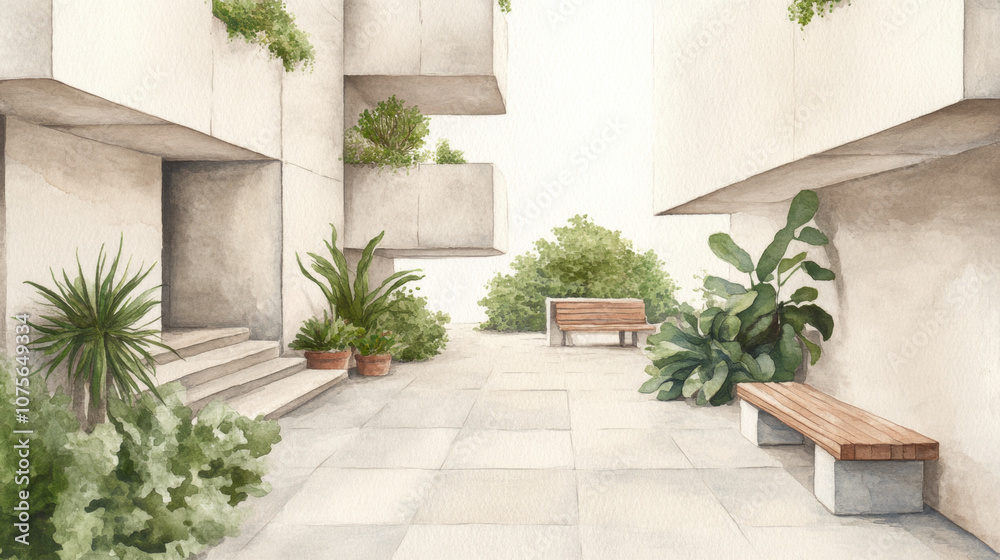 Urban oasis: minimalist courtyard with lush greenery and concrete benches Urban oasis: minimalist courtyard with lush greenery and concrete benches