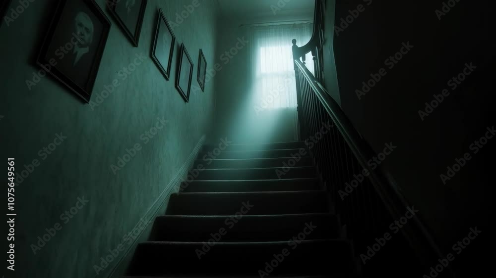 Dark mansion staircase with vintage portraits on wall. Gothic interior scene. Haunted house concept. Mysterious atmosphere footage