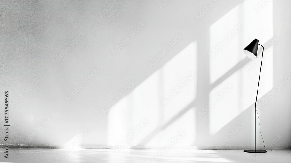 A monochrome image depicts a floor lamp positioned in a room's corner, casting a shadow onto the adjacent wall A monochrome image depicts a floor lamp positioned in a room's corner, casting a shadow onto the adjacent wall
