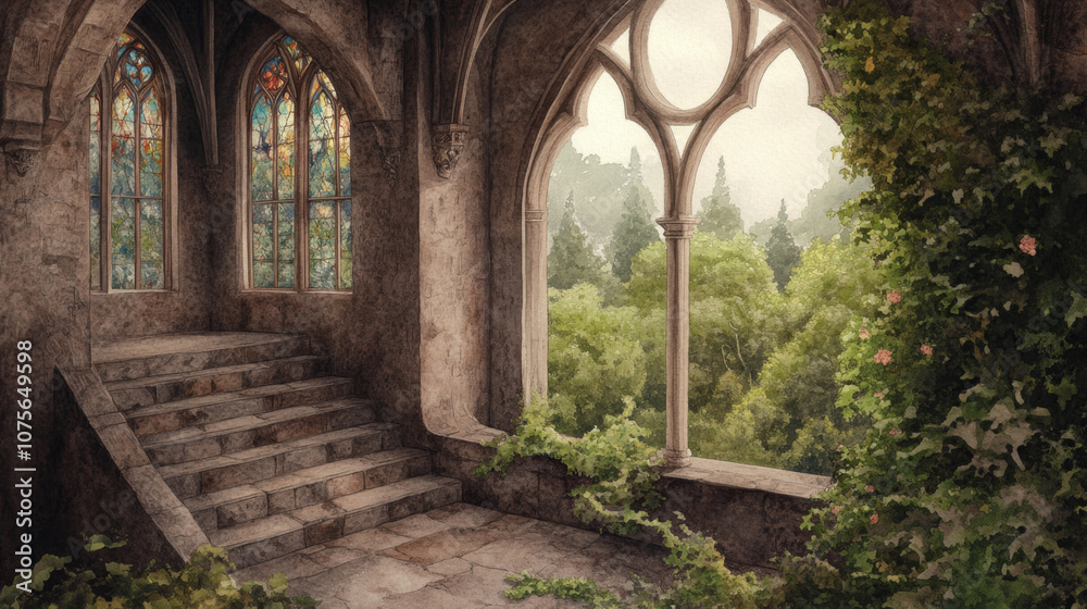 Enchanting medieval cloister with stained glass windows overlooking lush forest Enchanting medieval cloister with stained glass windows overlooking lush forest